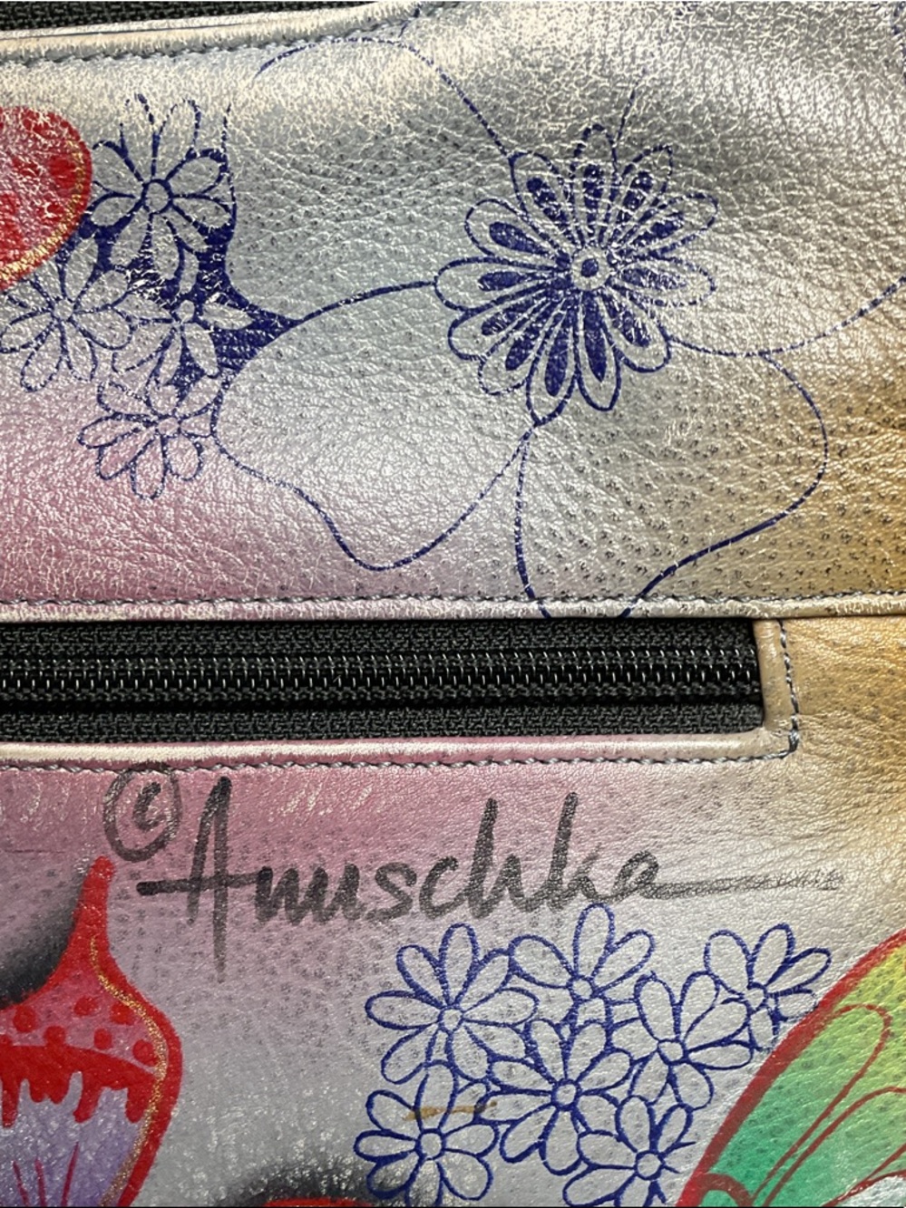 Anuschka Teal Strap Hand-Painted Metallic Butterfly Shoulder Bag - Picture 2 of 13